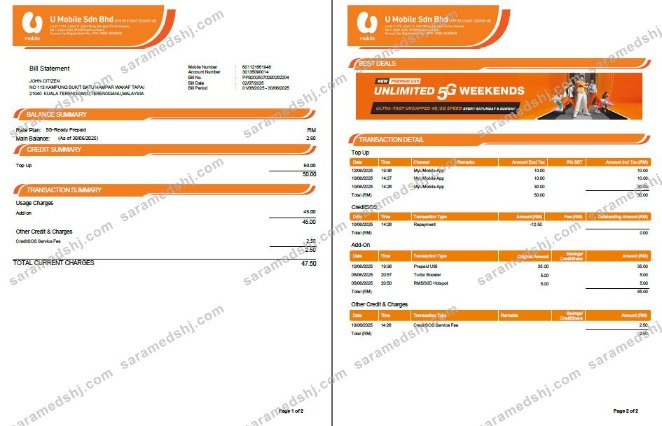 Malaysia U Mobile utility bill template in Word and PDF formats, 2 pages, version 2